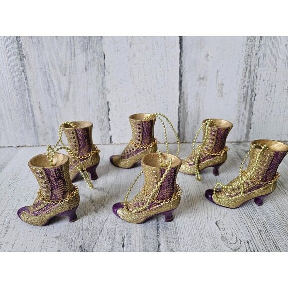 Boot shoe heel glitter gold purple ornament Xmas vintage tree set - Picture 1 of 9
